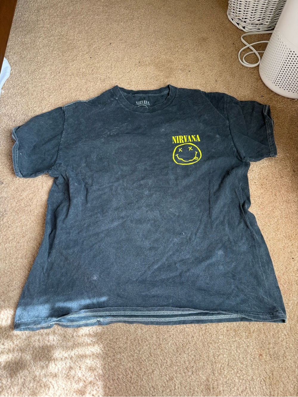 NIRVANA acid wash Black Short-Sleeve Tee with Yellow Smiley Logo